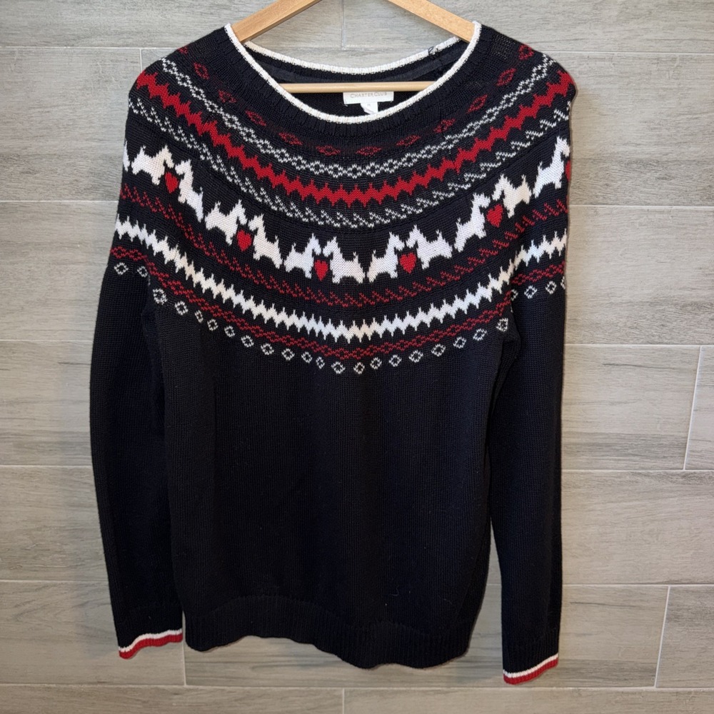 Charter Club Women's Christmas Scottie Dog Sweater Size Petite Large Black Red